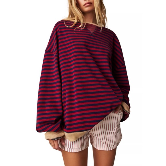 Free People Oversized Striped Pullover Sweatshirt Red Blue Slouchy Cozy Top